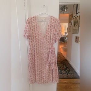 True wrap, pink floral mini dress with pockets